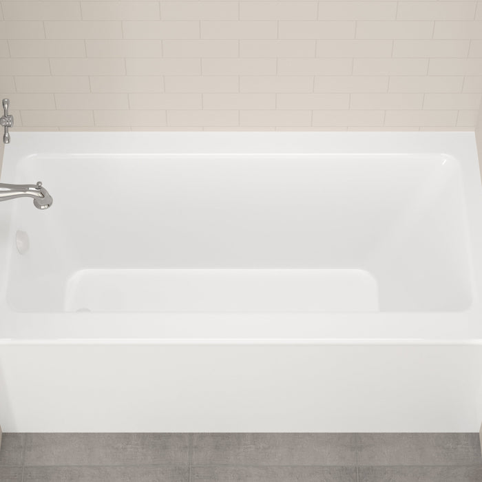 60 x 30 alcove bathtub with a front skirt and left drain, installed between three tiled walls
