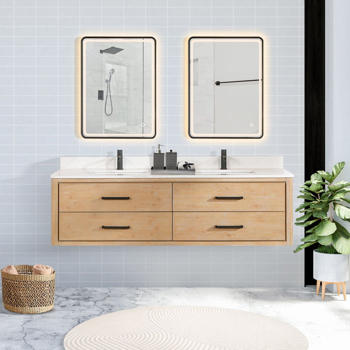 Vinnova Cristo 72-inch floating double-sink bathroom vanity in fir wood brown with a white quartz top