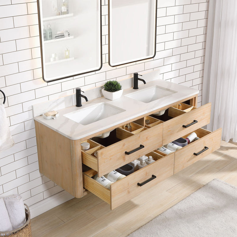 Vinnova 706660M-FN-BK Cristo 60M" Floating Double Bath Vanity in Fir Wood Brown with Fish Maw White Quartz Stone Top