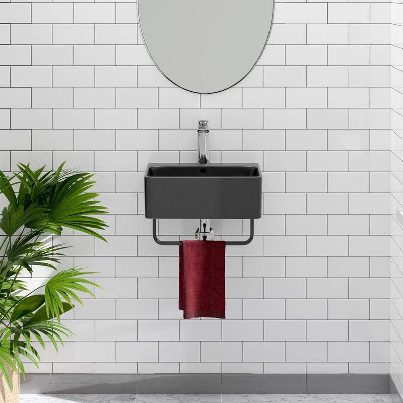 16" Fonzo Wall-Mount Black Vitreous China Sink with Black Powdercoat Steel Towel Bar