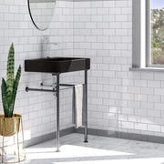 24" Arminto Black Vitreous China Console Bathroom Sink with Black Powdercoat Steel Stand