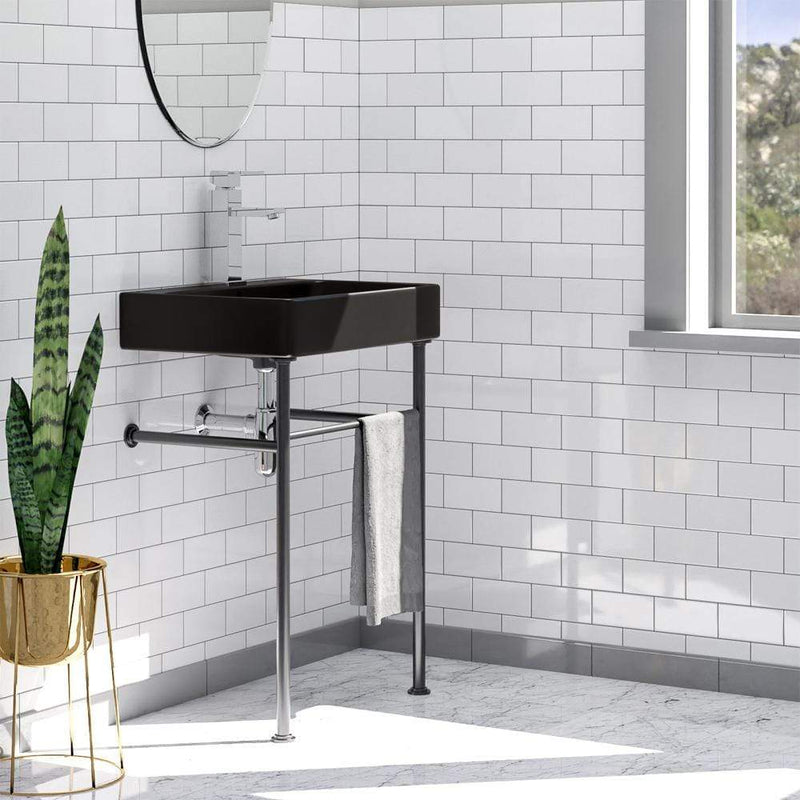 24" Arminto Black Vitreous China Console Bathroom Sink with Black Powdercoat Steel Stand