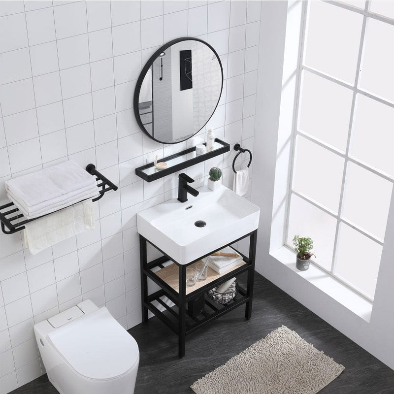 24" Walster Vitreous China Console Sink with Black Powdercoat Steel Stand and Shelves