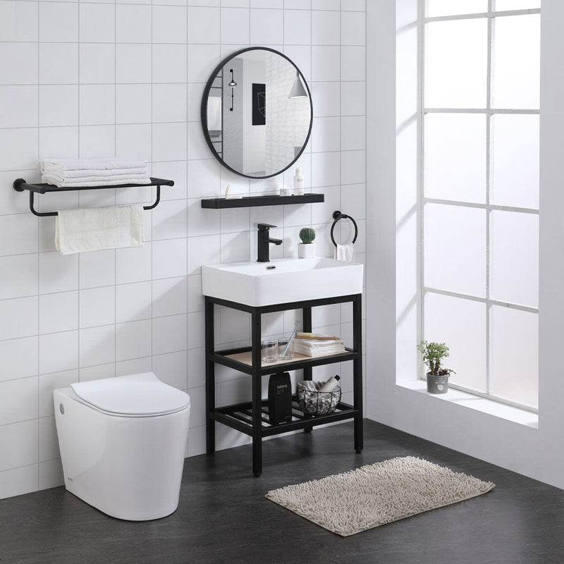 24" Walster Vitreous China Console Sink with Black Powdercoat Steel Stand and Shelves