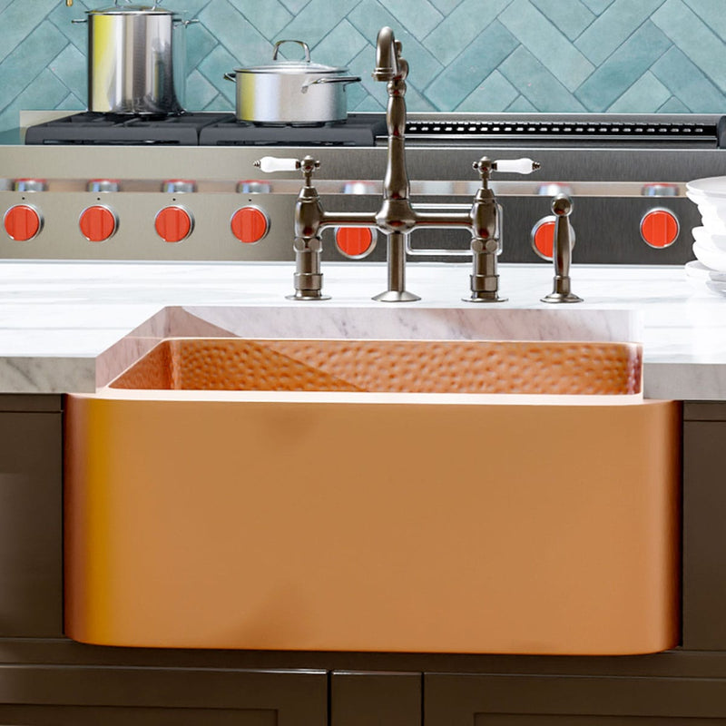 25" Geneva Smooth Copper Single-Bowl Farmhouse Sink with Hammered Interior