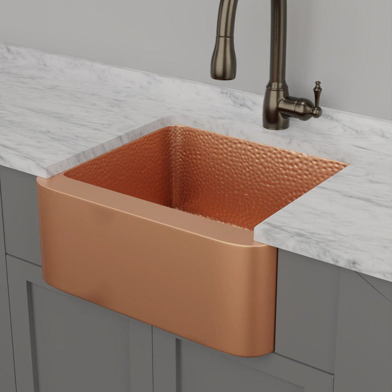 25" Geneva Smooth Copper Single-Bowl Farmhouse Sink with Hammered Interior
