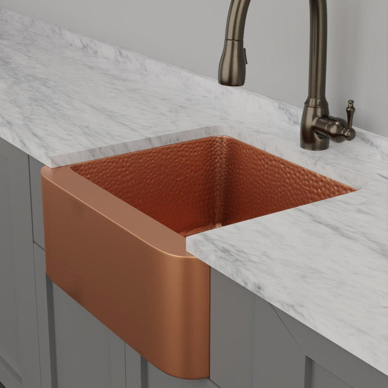 25" Geneva Smooth Copper Single-Bowl Farmhouse Sink with Hammered Interior