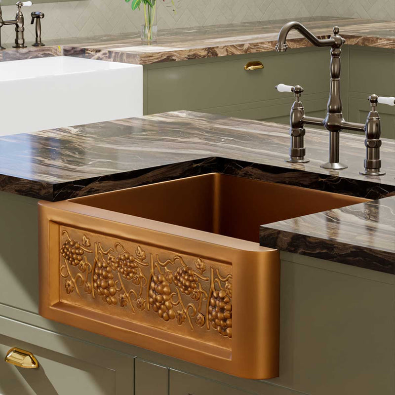 25" Lynn Copper Grape Design Single-Bowl Farmhouse Sink
