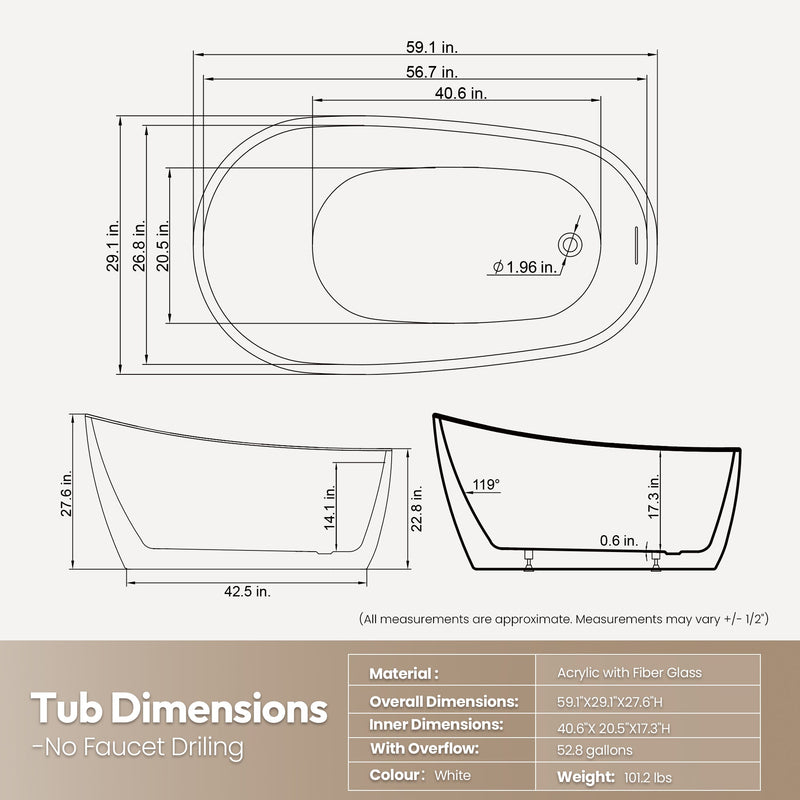 Vinnova 268059-BAT-WH Vinnova Lahore 59.1" x 29.1" Soaking Bathtub