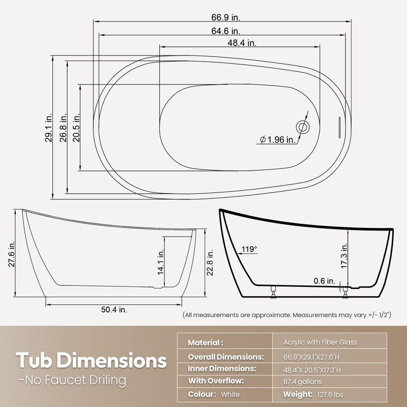 Vinnova 268067-BAT-WH Vinnova Lahore 66.9" x 29.1" Soaking Bathtub