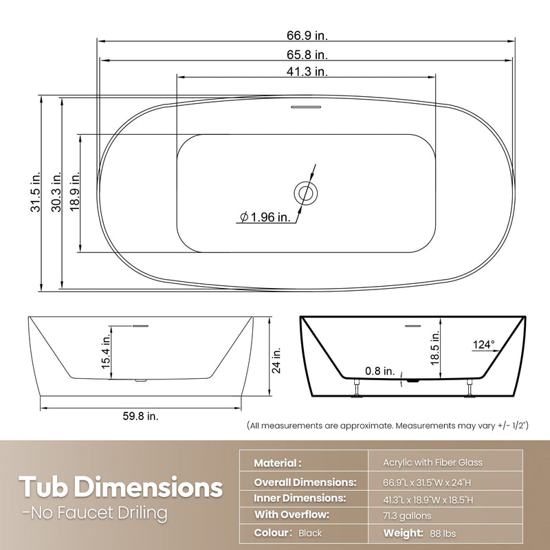 Vinnova 269067-BAT-BL Vinnova London 66.9" x 31.5" Soaking Bathtub - view 16
