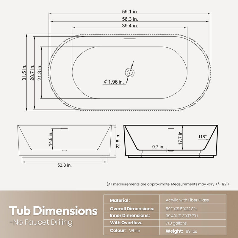 Vinnova 270059-BAT-WH Vinnova Linyi 59.1" x 31.5" Soaking Bathtub