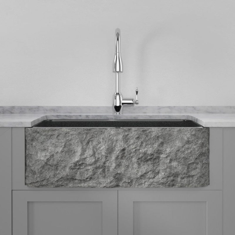 30" Buford Polished Black Granite Single-Bowl Farmhouse Sink - Chiseled Apron