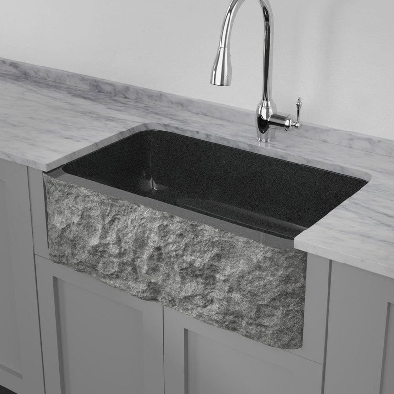30" Buford Polished Black Granite Single-Bowl Farmhouse Sink - Chiseled Apron