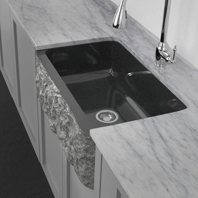 30" Buford Polished Black Granite Single-Bowl Farmhouse Sink - Chiseled Apron