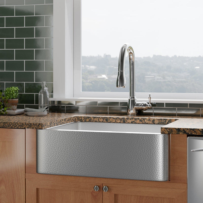 30" Glenmore Stainless Steel Farmhouse Sink - Matte Hammered Steel