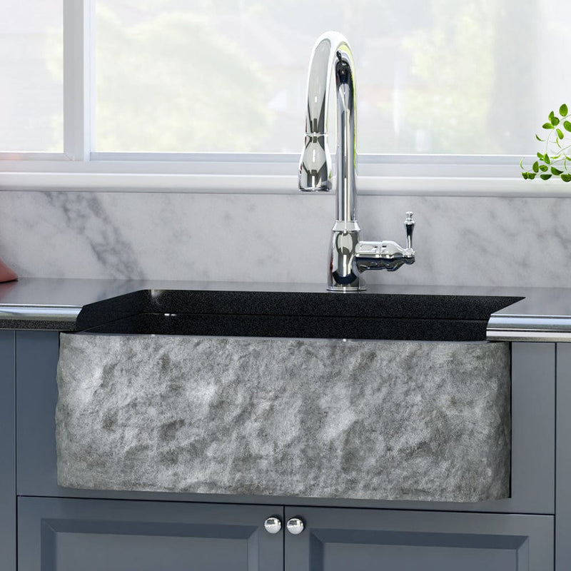 30" Kennesaw Polished Blue Gray Granite Single-Bowl Farmhouse Sink - Chiseled Apron