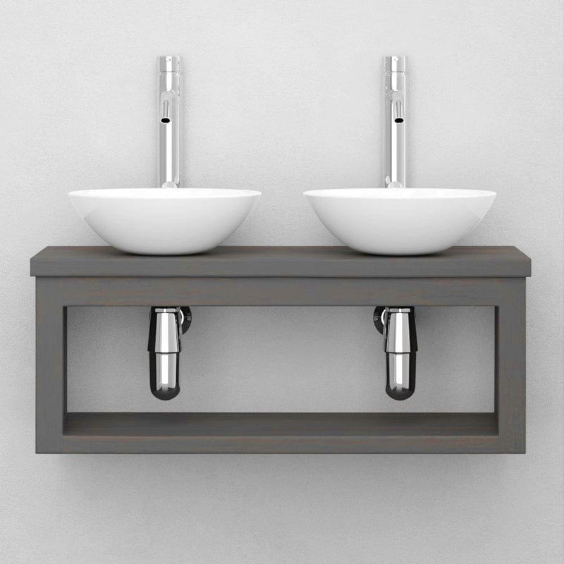 30" Thanesta Teak Wall-Mount Double Vessel Sink Vanity with Shelf - Gray Wash