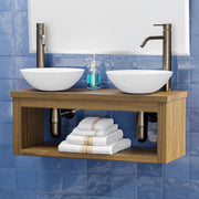 Magnus 138687 30" Thanesta Teak Wall-Mount Double Vessel Sink Vanity with Shelf - Natural Teak