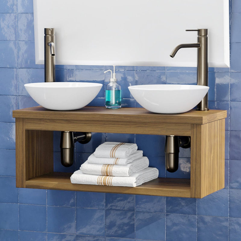 Magnus 138687 30" Thanesta Teak Wall-Mount Double Vessel Sink Vanity with Shelf - Natural Teak