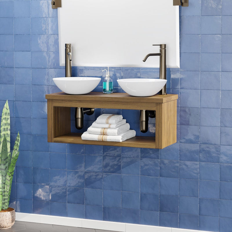 Magnus 138687 30" Thanesta Teak Wall-Mount Double Vessel Sink Vanity with Shelf - Natural Teak
