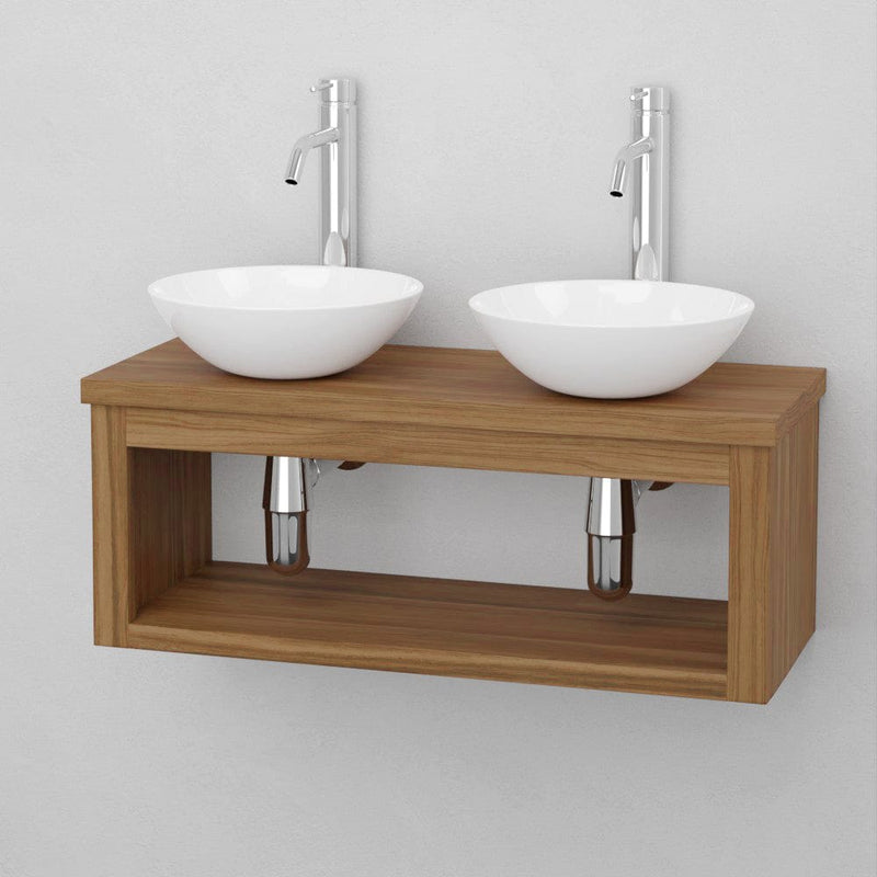 Magnus 138687 30" Thanesta Teak Wall-Mount Double Vessel Sink Vanity with Shelf - Natural Teak