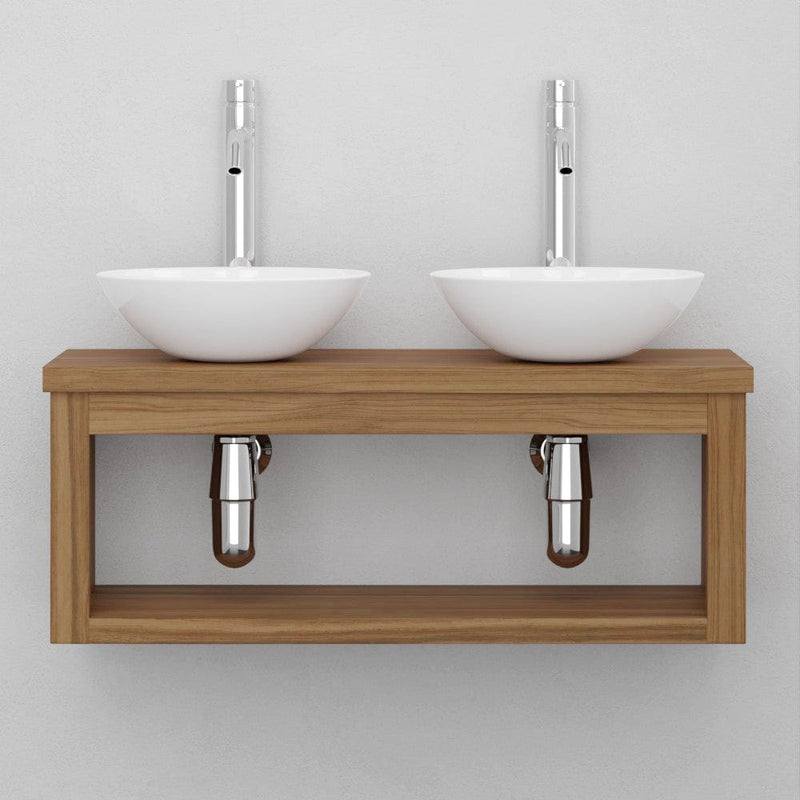 Magnus 138687 30" Thanesta Teak Wall-Mount Double Vessel Sink Vanity with Shelf - Natural Teak