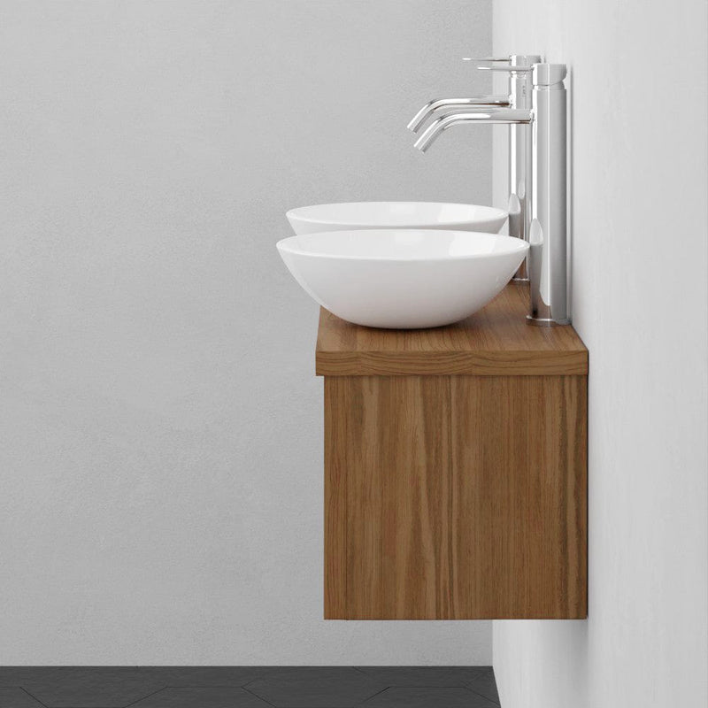 Magnus 138687 30" Thanesta Teak Wall-Mount Double Vessel Sink Vanity with Shelf - Natural Teak