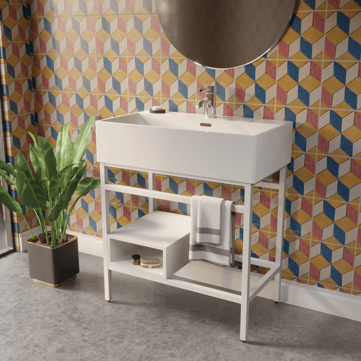 30" Varagroso Vitreous China Console Bathroom Sink with White Powdercoat Steel Stand