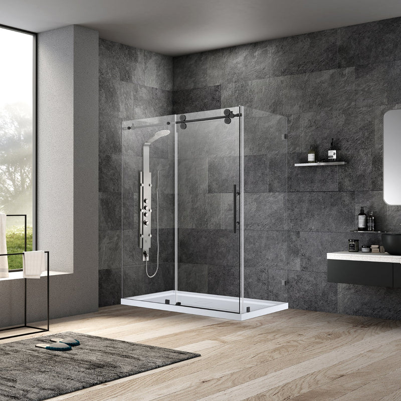 Vinnova 312052+36P-MB Villena 52" W x 78" H Rectangle Single Sliding Frameless Shower Enclosure in Matte Black