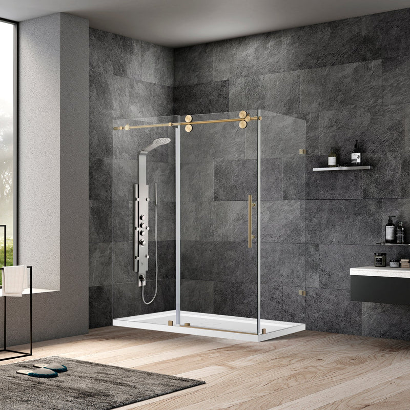 Vinnova 312060+36P-BG Villena 60" W x 78" H Rectangle Single Sliding Frameless Shower Enclosure in Brushed Gold
