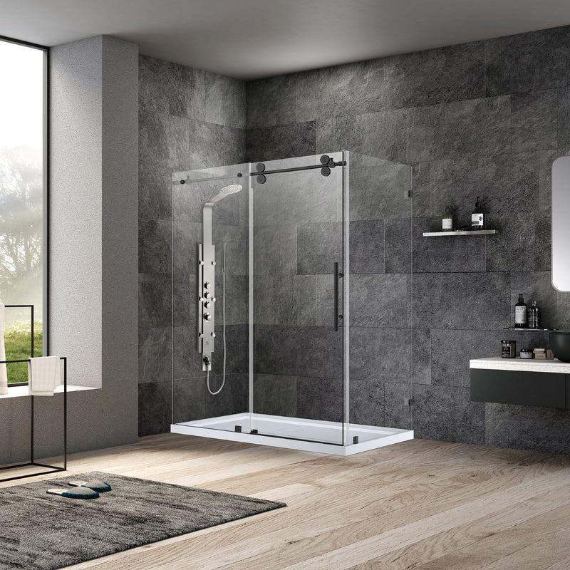 Vinnova 312060+36P-MB Villena 60" W x 78" H Rectangle Single Sliding Frameless Shower Enclosure in Matte Black