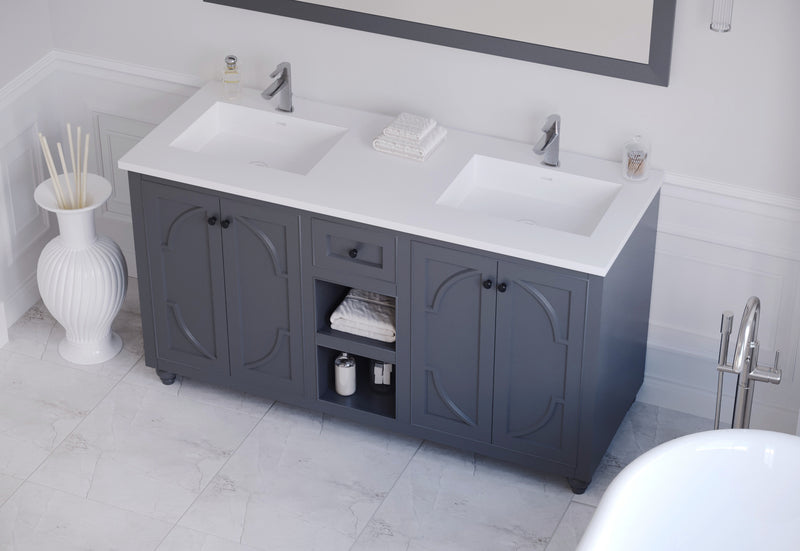 Laviva 313613-60G-MW Odyssey 60" Maple Grey Double Sink Bathroom Vanity with Matte White VIVA Stone Solid Surface Countertop
