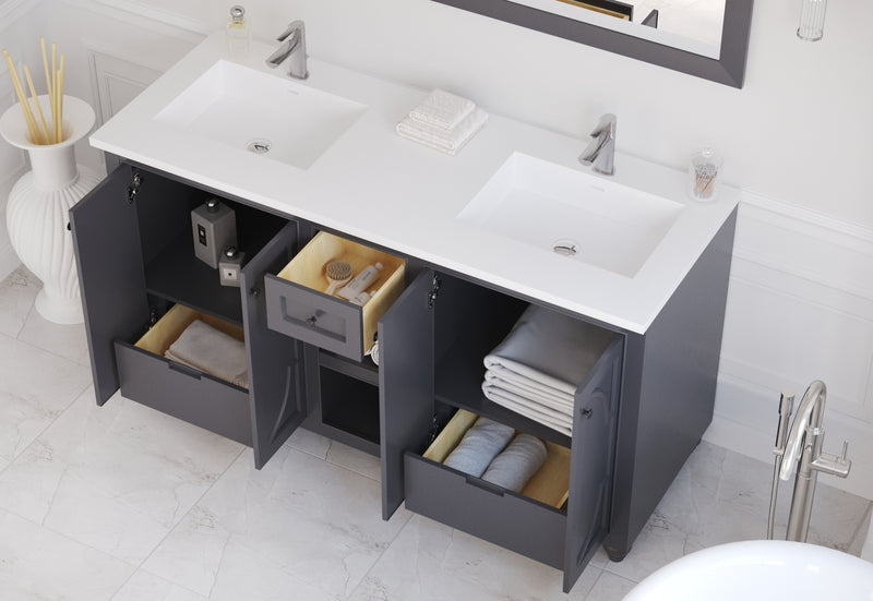 Laviva 313613-60G-MW Odyssey 60" Maple Grey Double Sink Bathroom Vanity with Matte White VIVA Stone Solid Surface Countertop