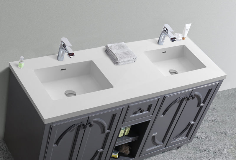 Laviva 313613-60G-MW Odyssey 60" Maple Grey Double Sink Bathroom Vanity with Matte White VIVA Stone Solid Surface Countertop