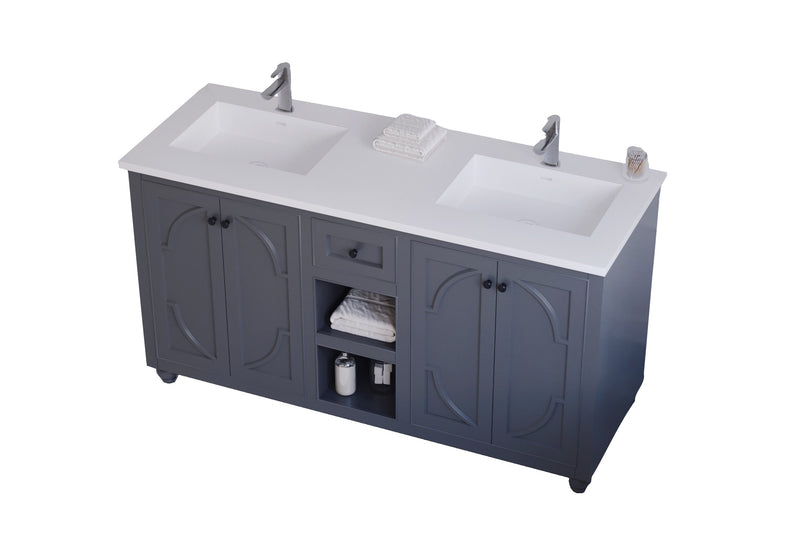 Laviva 313613-60G-MW Odyssey 60" Maple Grey Double Sink Bathroom Vanity with Matte White VIVA Stone Solid Surface Countertop