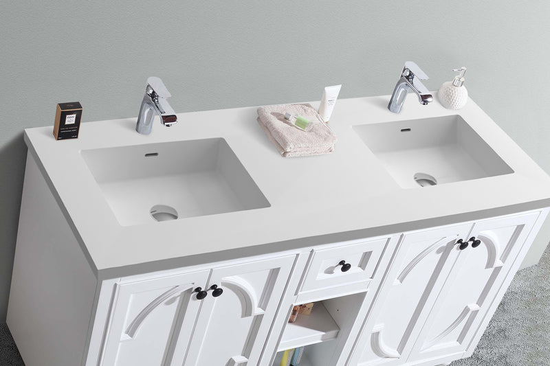 Laviva 313613-60W-MW Odyssey 60" White Double Sink Bathroom Vanity with Matte White VIVA Stone Solid Surface Countertop