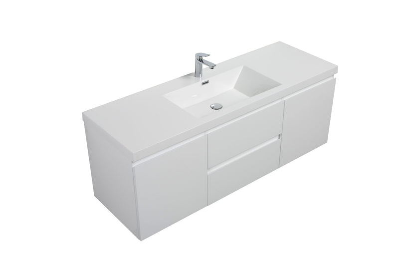 Laviva 313AUR-60CGPW-GW Aurora 60" Glossy Polar White Wall Hung Single Sink Bathroom Vanity with White Acrylic Countertop