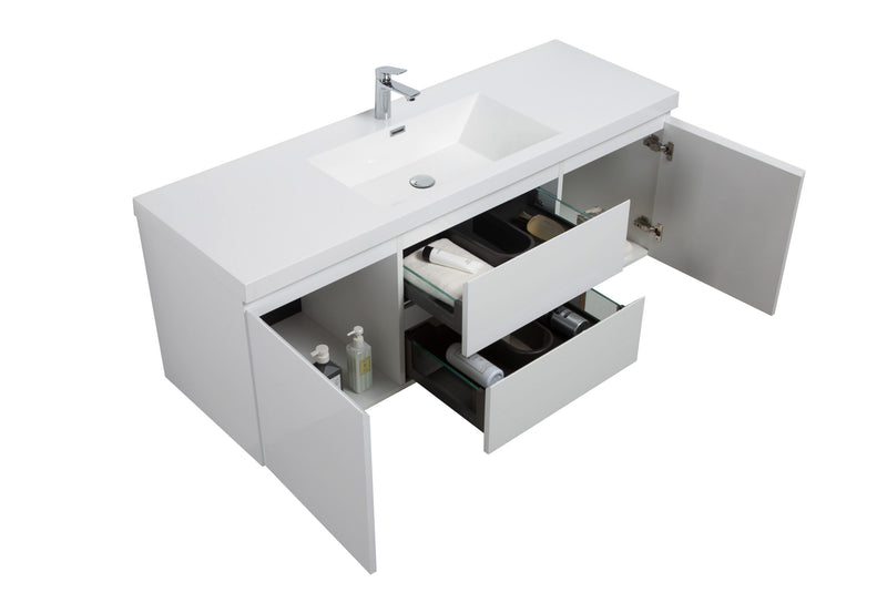 Laviva 313AUR-60CGPW-GW Aurora 60" Glossy Polar White Wall Hung Single Sink Bathroom Vanity with White Acrylic Countertop