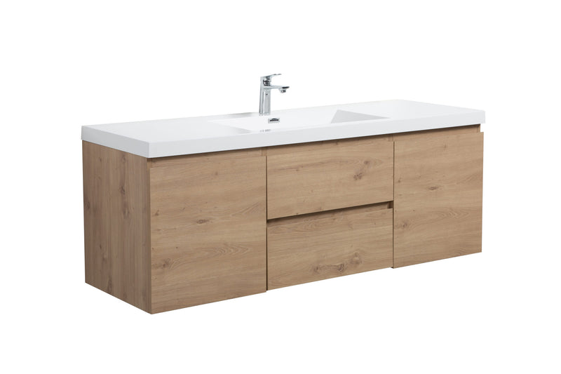 Laviva 313AUR-60CSO-GW Aurora 60" Sonoma Oak Wall Hung Single Sink Bathroom Vanity with White Acrylic Countertop