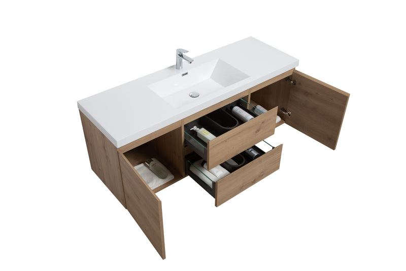 Laviva 313AUR-60CSO-GW Aurora 60" Sonoma Oak Wall Hung Single Sink Bathroom Vanity with White Acrylic Countertop