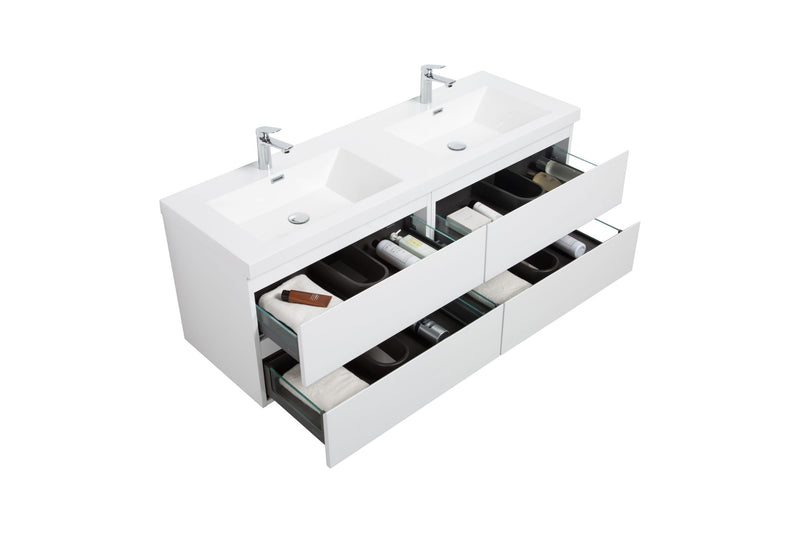 Laviva 313AUR-60DGPW-GW Aurora 60" Glossy Polar White Wall Hung Double Sink Bathroom Vanity with White Acrylic Countertop - view 3
