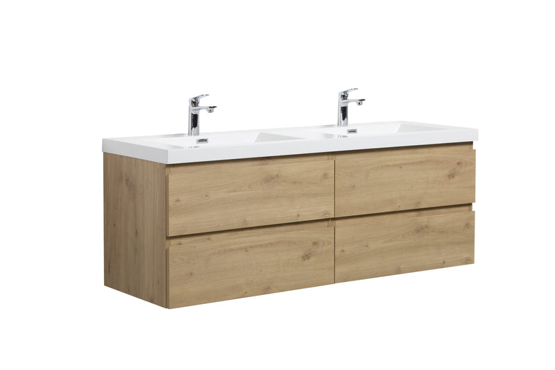 Laviva 313AUR-60DSO-GW Aurora 60" Sonoma Oak Wall Hung Double Sink Bathroom Vanity with White Acrylic Countertop