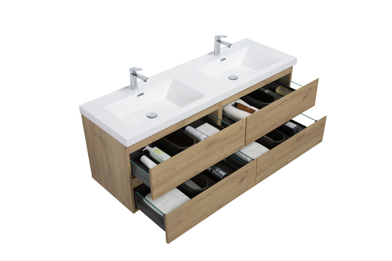 Laviva 313AUR-60DSO-GW Aurora 60" Sonoma Oak Wall Hung Double Sink Bathroom Vanity with White Acrylic Countertop