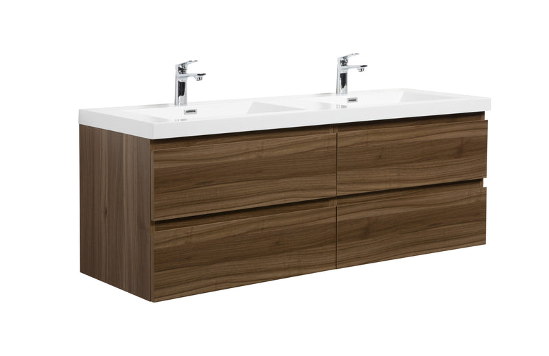 Laviva 313AUR-60DSW-GW Aurora 60" Smokey Walnut Wall Hung Double Sink Bathroom Vanity with White Acrylic Countertop