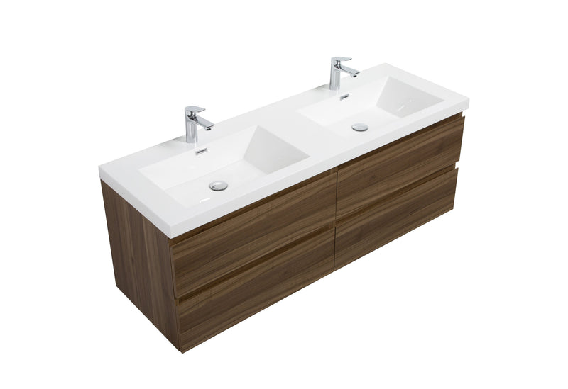 Laviva 313AUR-60DSW-GW Aurora 60" Smokey Walnut Wall Hung Double Sink Bathroom Vanity with White Acrylic Countertop