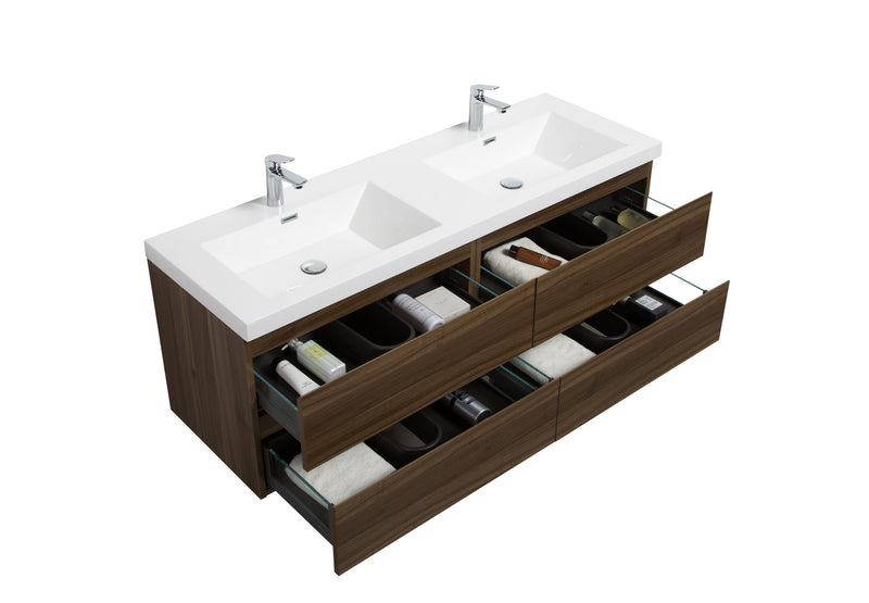 Laviva 313AUR-60DSW-GW Aurora 60" Smokey Walnut Wall Hung Double Sink Bathroom Vanity with White Acrylic Countertop