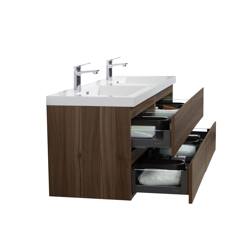 Laviva 313AUR-60DSW-GW Aurora 60" Smokey Walnut Wall Hung Double Sink Bathroom Vanity with White Acrylic Countertop