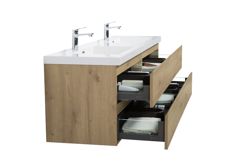 Laviva 313AUR-72DSO-GW Aurora 72" Sonoma Oak Wall Hung Double Sink Bathroom Vanity with White Acrylic Countertop