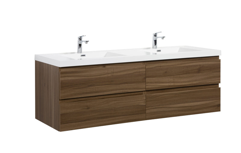 Laviva 313AUR-72DSW-GW Aurora 72" Smokey Walnut Wall Hung Double Sink Bathroom Vanity with White Acrylic Countertop